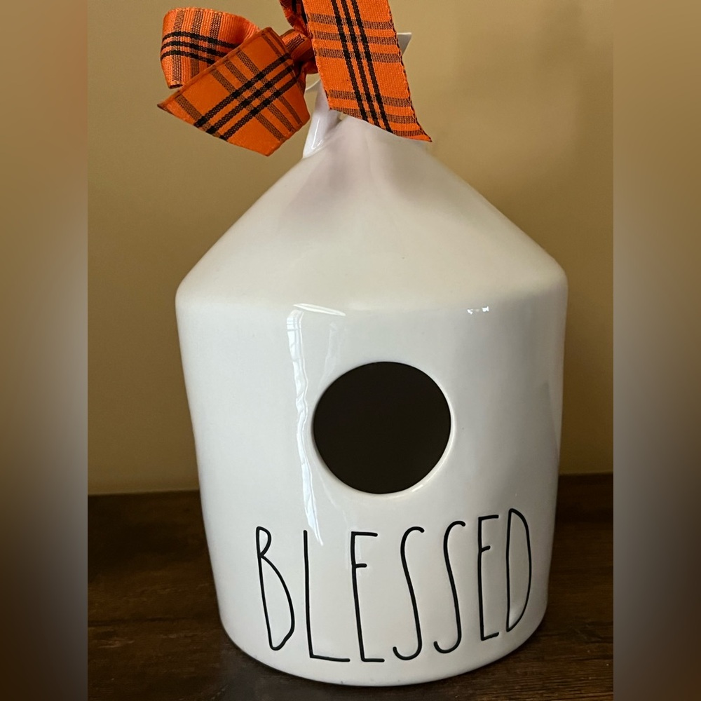 Rae Dunn Rare Blessed Ceramic Birdhouse with Orange Ribbon New with Tag